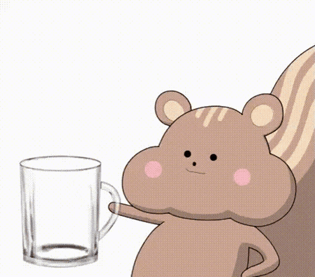 a cartoon squirrel is standing next to a mug of beer