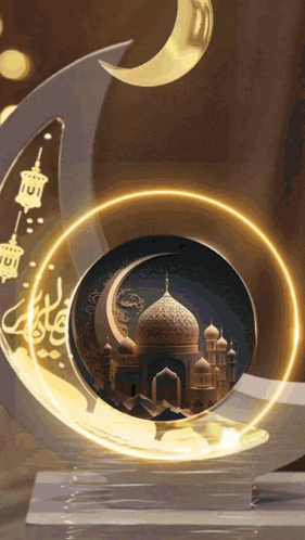 a picture of a mosque in a circle with a crescent moon in the background