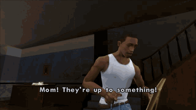 a man in a video game says " mom they 're up to something " while holding a piece of paper