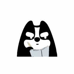a black and white cartoon dog is holding a book in his mouth .