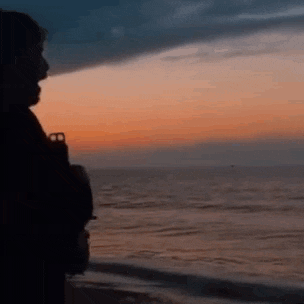 a man is standing on a beach looking at the ocean at sunset .