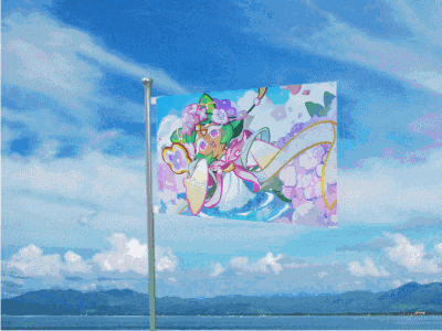 a flag with a picture of a girl with flowers on her head