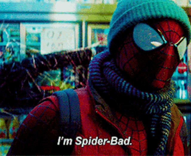 a spider-man wearing a hat and scarf is saying i 'm spider-bad