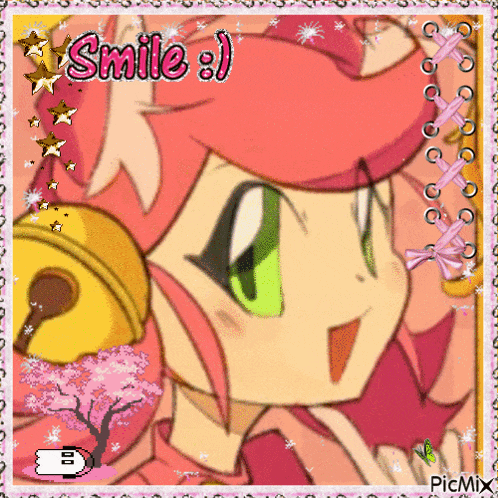 a picture of a girl with pink hair and green eyes with the words smile written on it