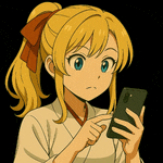 a blonde anime girl is holding a cell phone in her hand