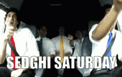 a group of men are dancing in a car and the words sedghi saturday are visible