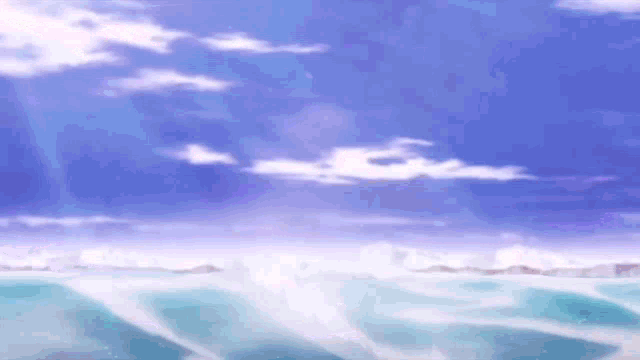 a painting of a blue sky with clouds over a body of water