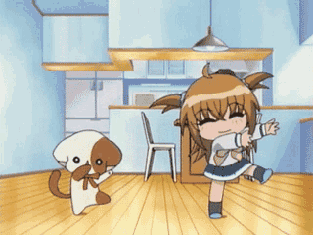 a girl and a dog are dancing in a kitchen with a man in the background