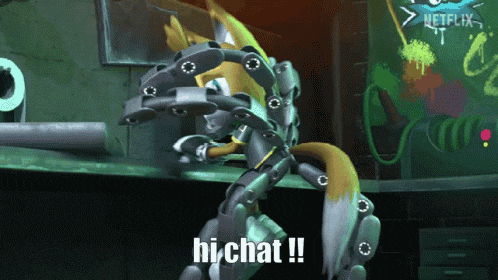 a robotic fox says hi chat in a video game scene
