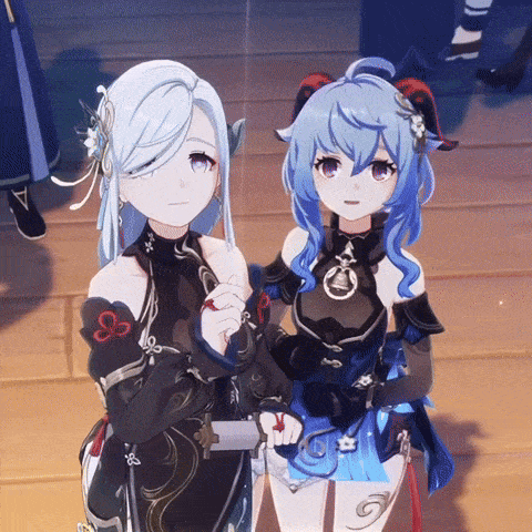 two anime girls are standing next to each other