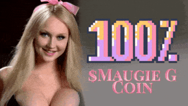 a woman with a pink bow on her head stands in front of a sign that says 100 %