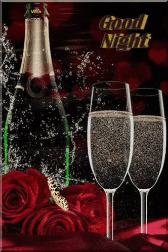 a picture of a bottle of champagne and two champagne glasses with the words good night written on it