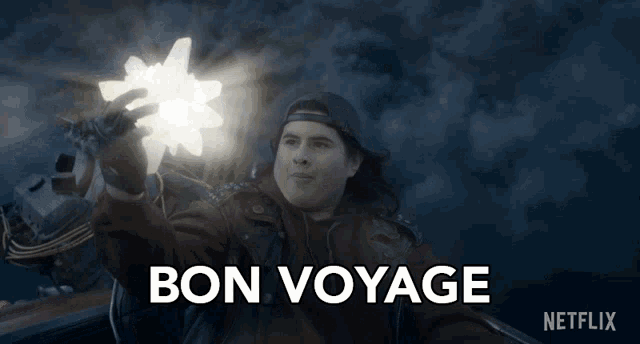 a netflix ad shows a man holding a light and the words bon voyage above him