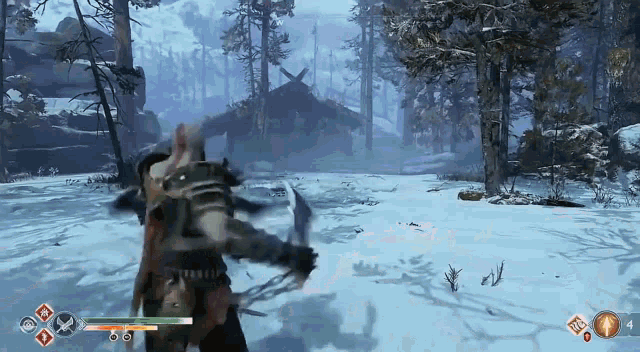 a video game is being played in a snowy forest .