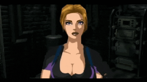a cartoon of a woman holding a gun in a dark room with her eyes closed