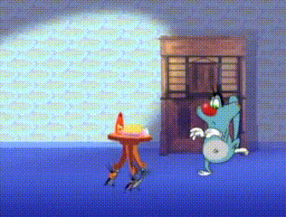 a cartoon character standing next to a small table