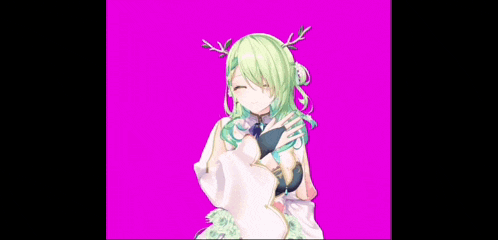 a girl with green hair and antlers on her head is standing on a pink background .