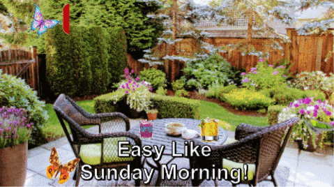 a sunday morning greeting card with a table and chairs