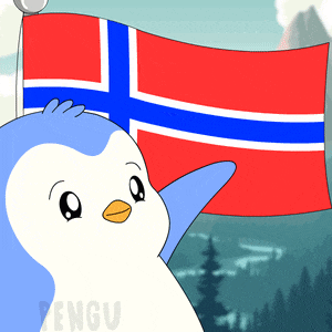 a cartoon penguin holds a norwegian flag in front of a mountain
