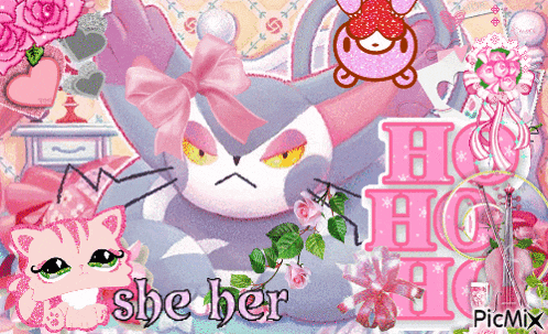 a picture of a cat with a bow and the words she her on it
