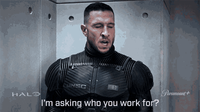 a man in a halo costume is asking who you work for