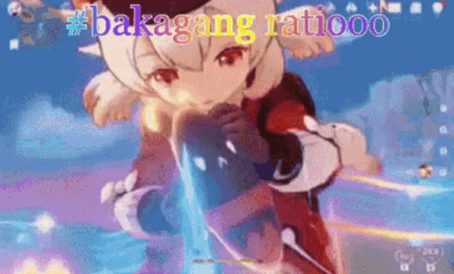 a cartoon character is flying through the air with the words bakagang ratiooo written on it .
