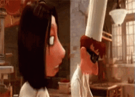 a cartoon character is standing next to a chef in a kitchen .