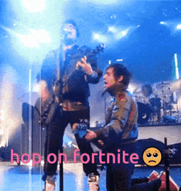 a man singing into a microphone while another man plays a guitar with the words hop on fortnite written on the bottom