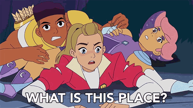 a group of cartoon characters are laying on the ground with the words " what is this place " below them