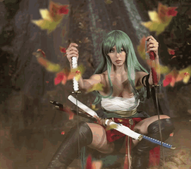 a woman with green hair holds two swords in her hands