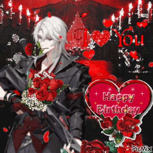 a picture of a man holding a bouquet of red roses with a heart that says " happy birthday "