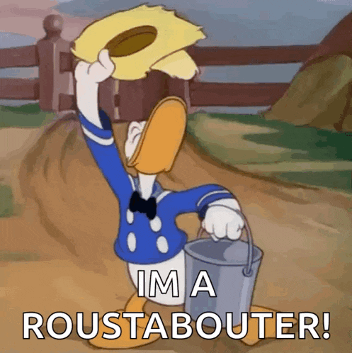 donald duck is wearing a cowboy hat and carrying a bucket with the caption im a roustabouter