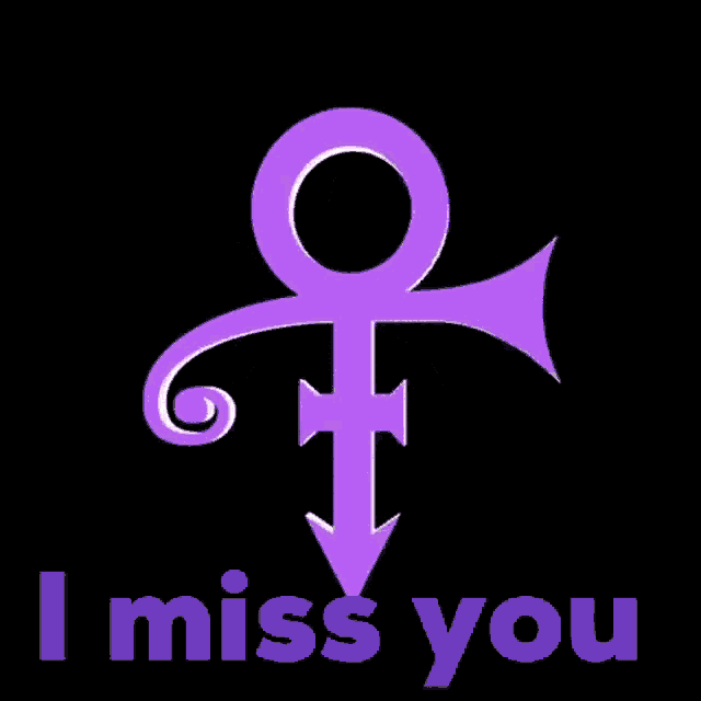 a purple symbol with an arrow pointing down and the words i miss you below it