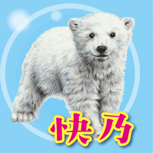 a polar bear cub is on a blue background with chinese writing