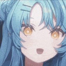 a close up of a blue haired anime girl with a surprised look on her face