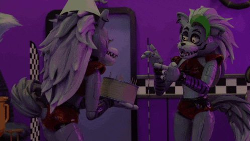 two cartoon characters are standing next to each other with one holding a cake