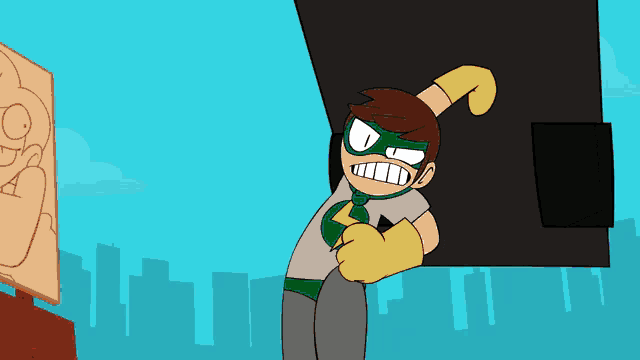 a cartoon character with a green mask and yellow gloves is standing in front of a building