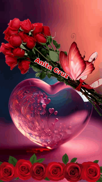 a heart shaped vase filled with red roses and a butterfly with anita cruz written on the bottom