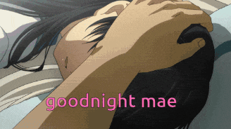 a woman laying on a bed with the words goodnight mae written above her