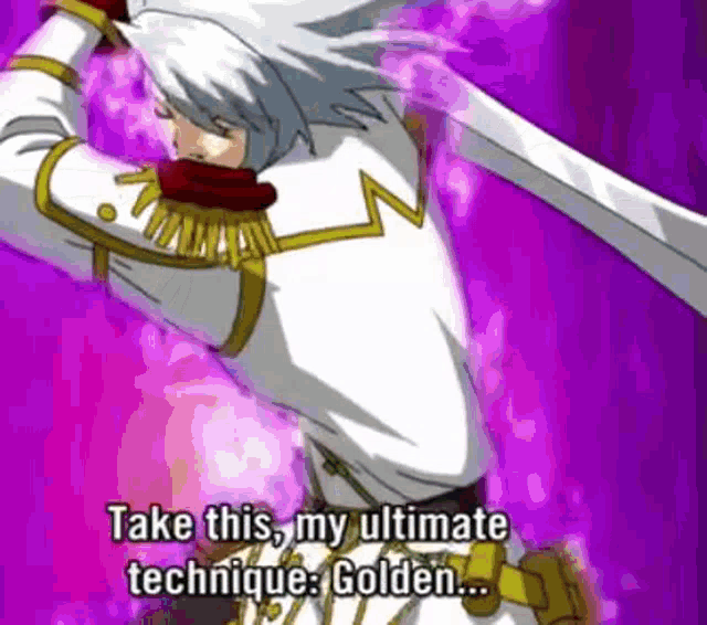 a cartoon character is holding a sword and saying take this my ultimate technique golden .