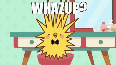a cartoon character with a bow tie is standing in front of a vanity with the words whazup written on it