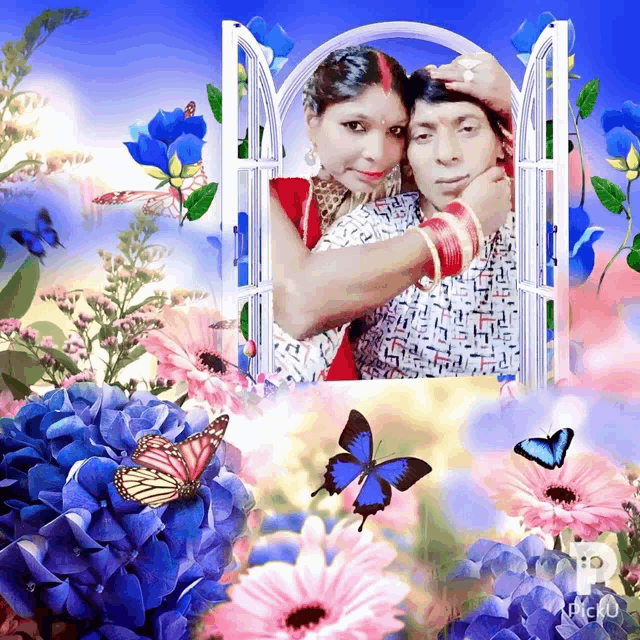 a picture of a man and a woman surrounded by flowers and butterflies with the letter p in the corner