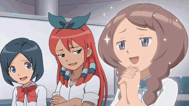 three anime girls are standing next to each other and one has a purple eye