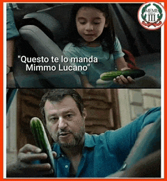 a man holding a cucumber next to a little girl who says " questo te lo manda mimmo lucano "