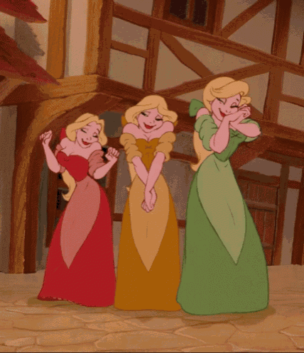 three cartoon women are standing in front of a building and smiling