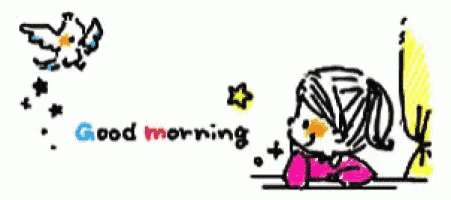 a drawing of a girl and a bird with the words good morning on it