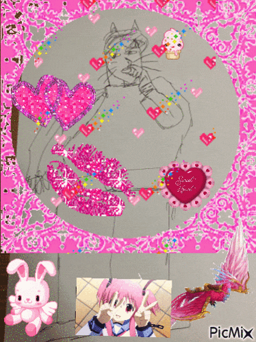 a picture of a cat surrounded by pink hearts and a picture of a girl with the word picmix at the bottom