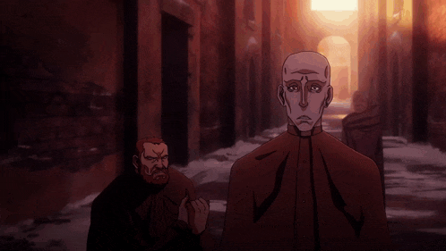 a cartoon of two men standing next to each other in a dark alleyway