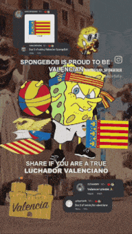 a cartoon of spongebob holding a basketball with the words " spongebob is proud to be valencian "