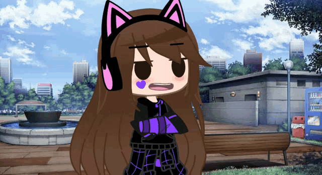 a girl with cat ears and headphones is standing in front of a fountain